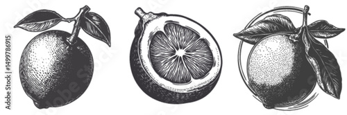 Detailed Black and White Engraving of Lemons and Lemon Cross-Section