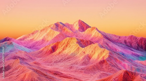 Vibrant, stylized mountain range bathed in a warm, sunset-like light