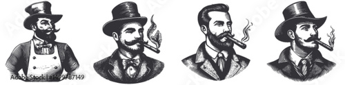 Vintage Style Engravings of Dapper Gentlemen with Cigars and Hats