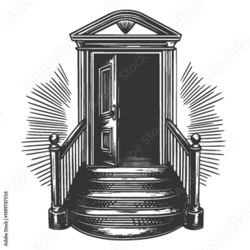 Engraved Doorway Illustration with Steps and Rays of Light