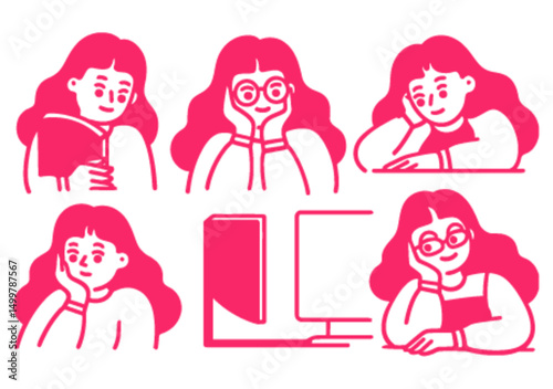 Vibrant Hand Drawn Doodles of Pensive Young Woman with Book
