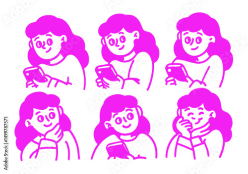Playful Hand Drawn Doodles of Girl Using Phone with Various Expressions