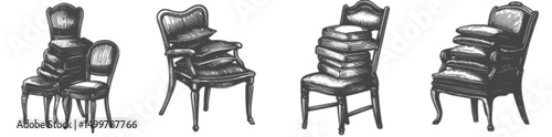 Detailed Engraving of Stackable Vintage Chairs with Cushions