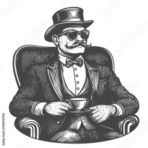 Vintage Gentleman with Mustache and Hat Enjoying a Cup of Tea