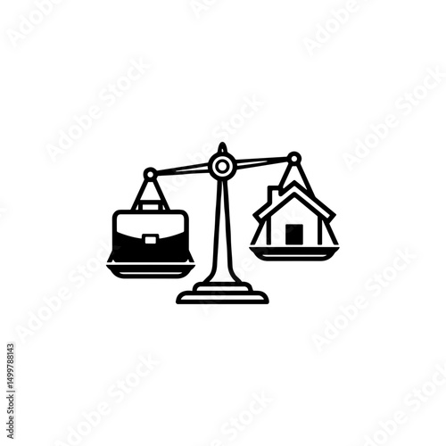 Work-life balance icon depicting a briefcase and a house on a balance scale representing harmony in life