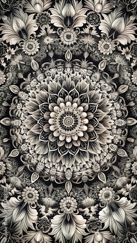 Detailed floral mandala arrangement in black and white creating a complex symmetrical pattern