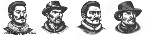 Vintage Engravings of Stylish Male Portraits with Mustaches