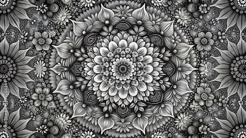 Detailed floral mandala arrangement in black and white creating a complex symmetrical pattern