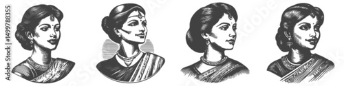 Elegant Vintage Engravings of Indian Women in Traditional Attire