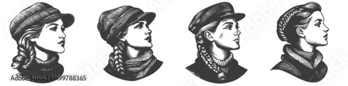 Vintage Engravings of Female Profiles in Distinctive Headwear Styles