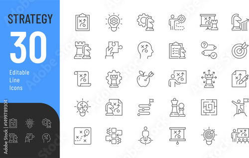Strategy Line Editable Icons set. Vector illustration in modern thin line style of business related icons: tactic, planning, goal, and more. Isolated on transparent background.