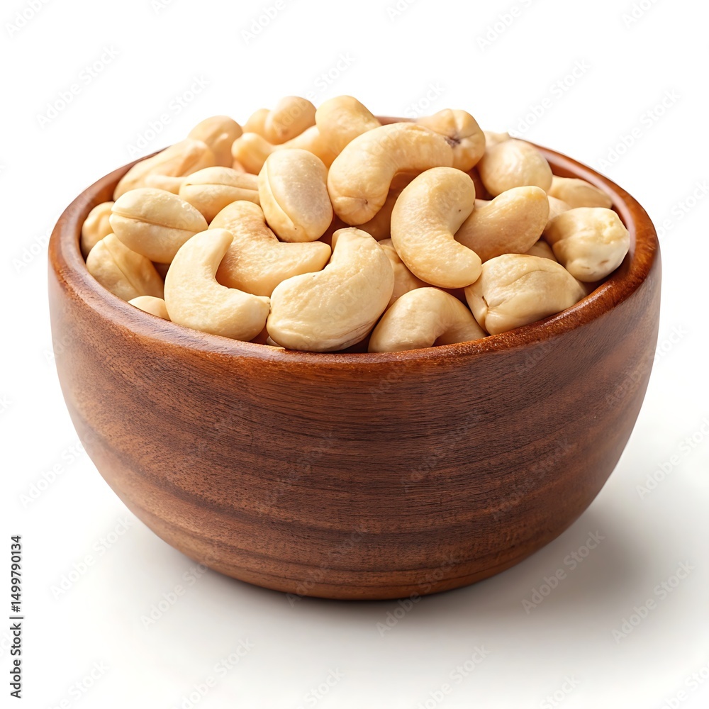 Cashews in a Wooden Bowl on White Background Cashews in a Wooden Bowl on White Background