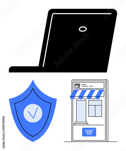 Laptop silhouette, blue shield with a checkmark, and mobile storefront. Ideal for e-commerce, cyber security, trust, online shopping, technology, digital business simple landing page