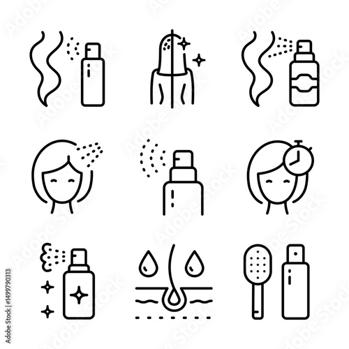Refreshing Hair Wash Icons Set. Deep Scalp Cleansing and Hydration. Using dry shampoo signs. Woman health hair care symbols. Outline vector sign for web design isolated on white background.