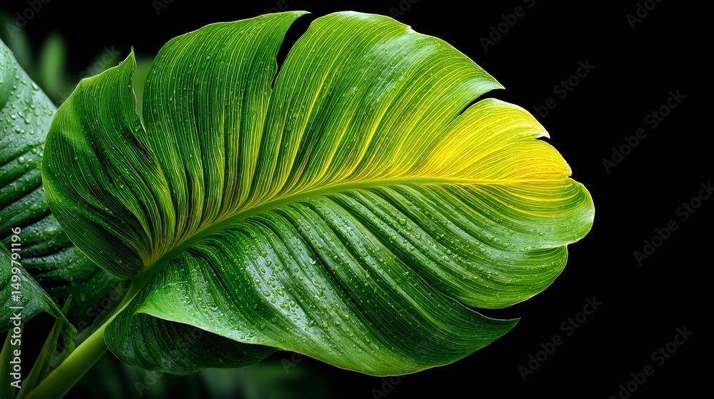 Fototapeta premium Lush leaf glistens with dewdrops against night