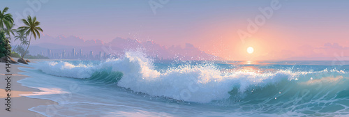 Powerful ocean waves crashing into a big city, with sparkling white foam 
at the crest of the wave.