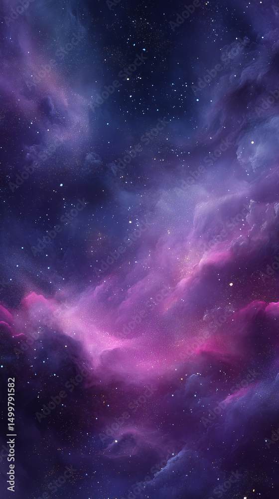 Naklejka premium a dreamy cosmic nebula with swirling mist, glowing magenta and pink gas clouds, scattered stars across a deep indigo and purple universe