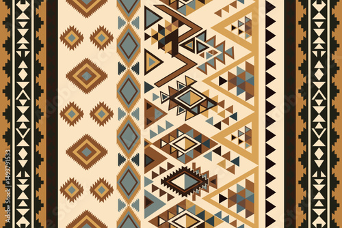 Seamless tribal rug pattern with ethnic geometric shapes in earthy tones. Native American inspired textile design for fabric, carpet, background, wall art, wrapping paper, or home decor.