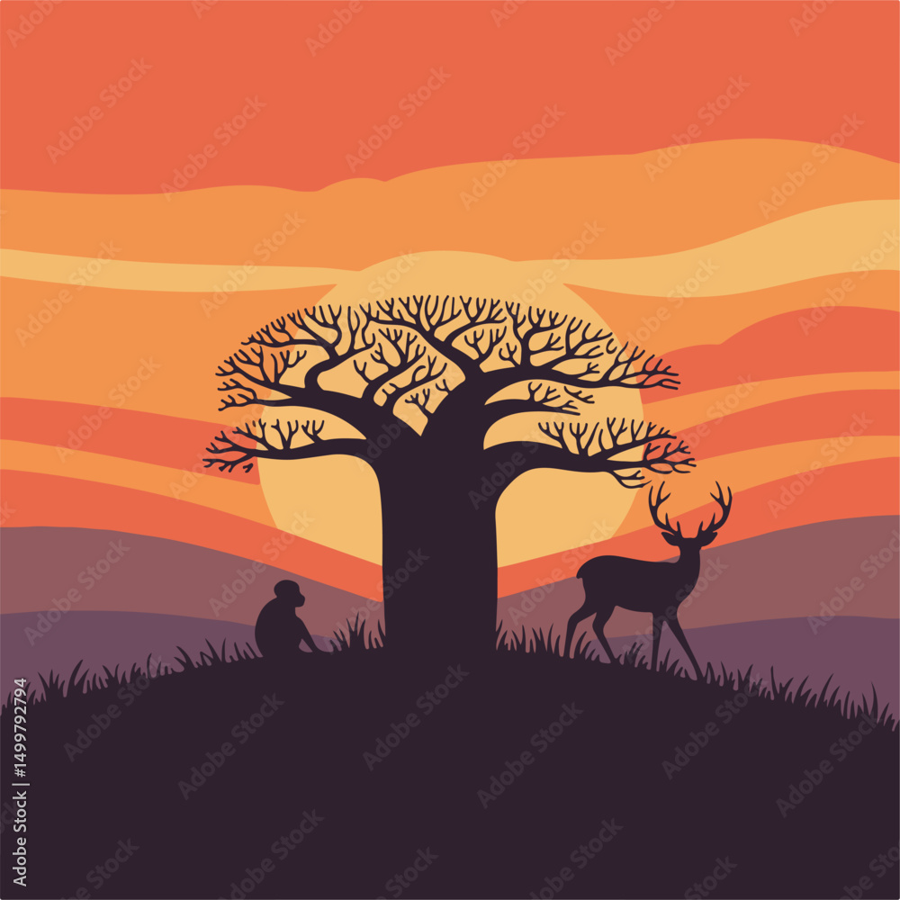 Fototapeta premium Silhouetted animals in a desert landscape with a sunset sky