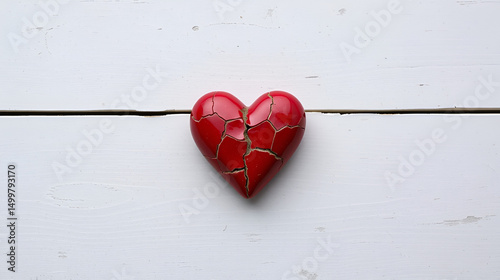 Cracked ceramic red heart on pale weathered wooden background with copy space. Symbolic image for emotional healing, love, or betrayal content, especially for self-help articles and artistic campaigns