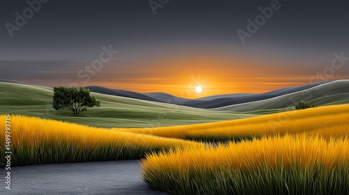 Serene Sunset over Rolling Hills and Golden Grass Fields Peaceful Landscape