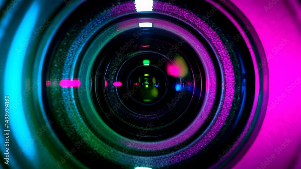 Close-up view of a camera lens with vibrant neon lighting