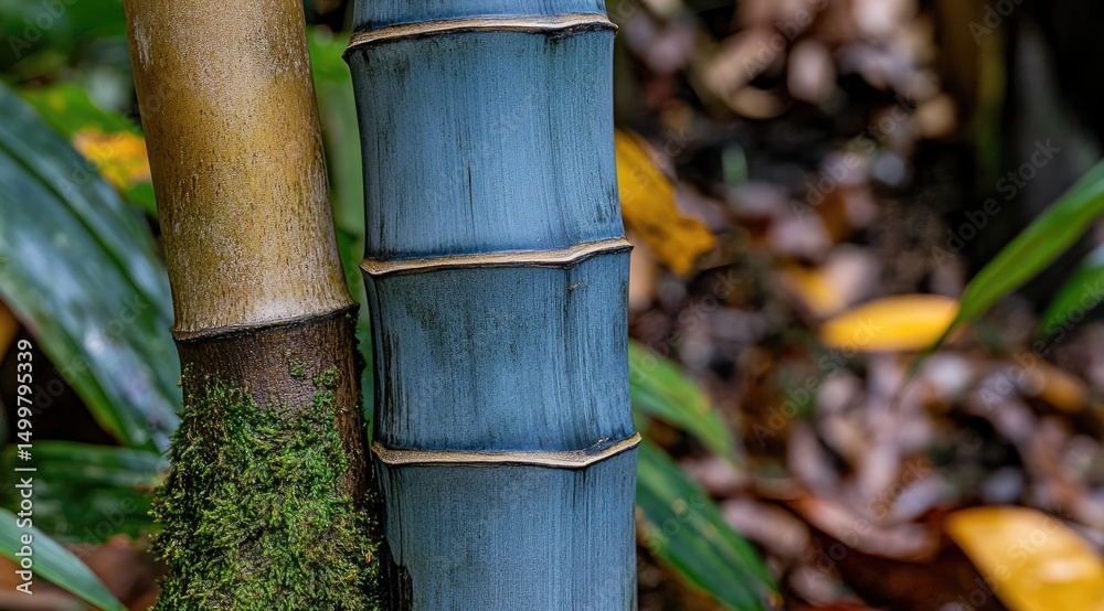 Close-up of two bamboo stalks, one light gold, one greyish-blue Close-up of two bamboo stalks, one light gold, one greyish-blue