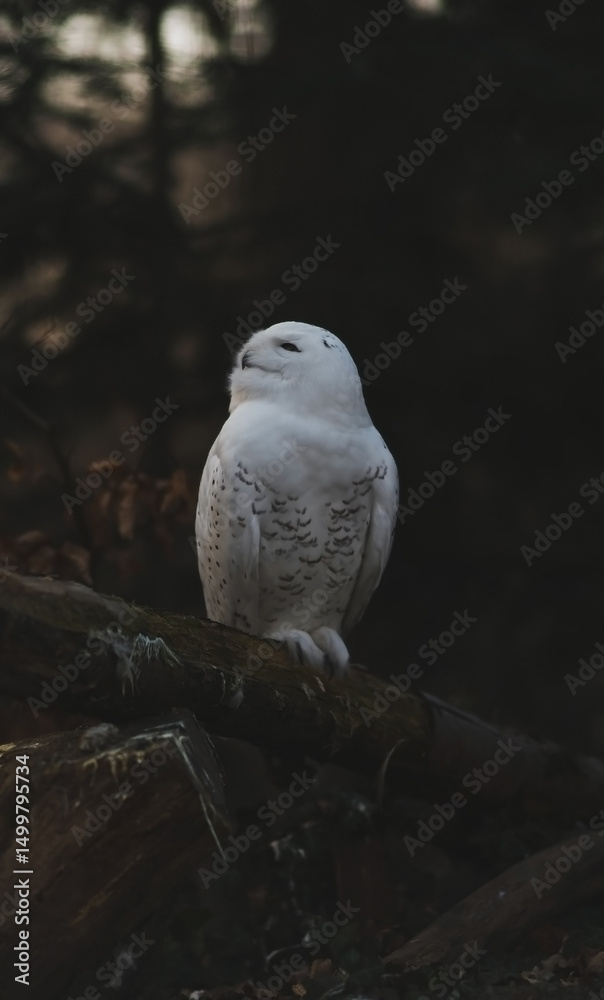 Obraz premium A stunning Snowy Owl with characteristic white plumage and dark spots is captured sitting calmly on a substantial wooden stump