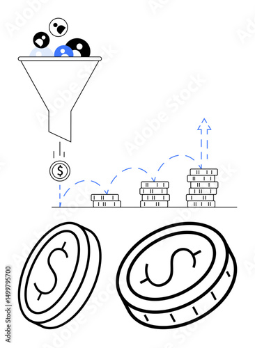 Funnel filtering audience into dollar coins, sequential coin stacks symbolizing growth. Ideal for marketing, sales, finance, business, investment, strategy, simple landing page