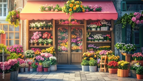 Charming flower shop storefront, bursting with blooms