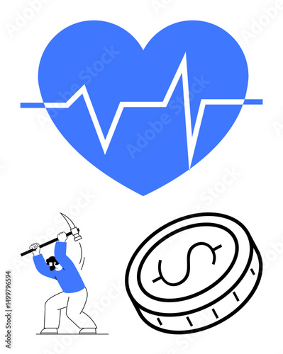 Blue heart with heartbeat line, a person mining with pickaxe, and large coin. Ideal for health, effort, financial wellness, hard work, cardio, determination simple landing page