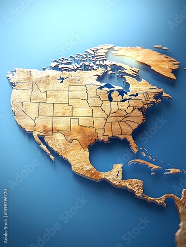 A three-dimensional, wood-textured map of North America, showcasing state borders against a light blue background.  Subtle lighting highlights the northern regions