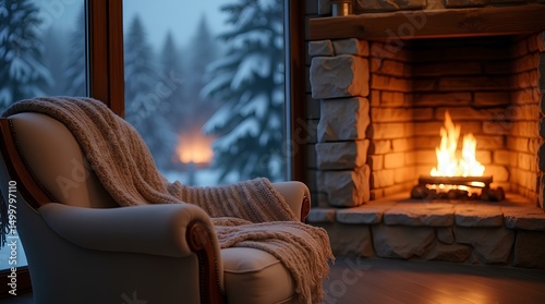 Cozy interior with an armchair in front of a stone fireplace with the warm light of the fire burning logs against the background of a window overlooking a winter landscape with snow-covered fir trees 