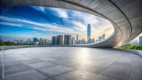 wide angle view of empty concrete floor with modern curved design, showcasing city skyline in background. serene atmosphere evokes sense of openness and tranquility 