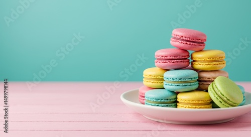 Colorful macarons stacked on a plate bright kitchen setting food photography whimsical environment close-up view sweet treat concept for seo impact