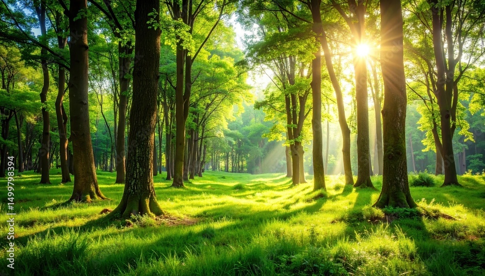 Fototapeta premium Serene Sunlight Illuminates Lush Green Forest Trees and Grassy Meadow Peaceful Nature Scene