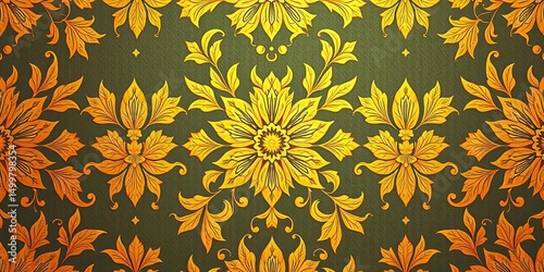 Intricate golden floral pattern on seamless luxury wallpaper, bloom, repeat