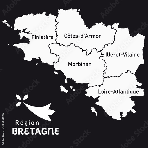Carte région de Bretagne, Côtes-d'Armor, Finistère, Ille-et-Vilaine, Morbihan, Loire-Atlantique