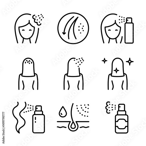 Refreshing Hair Wash Icons Set. Deep Scalp Cleansing and Hydration. Using dry shampoo signs. Woman health hair care symbols. Outline vector sign for web design isolated on white background.