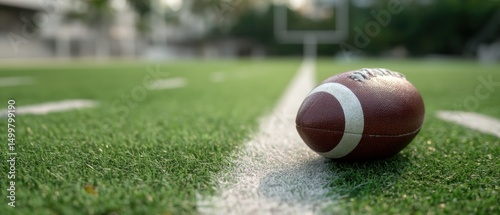 An American football resting on the yard line of a green football field before a game.

