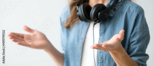 Woman with a headset around her neck gesturing with open hands, suggesting a casual discussion or expression. photo