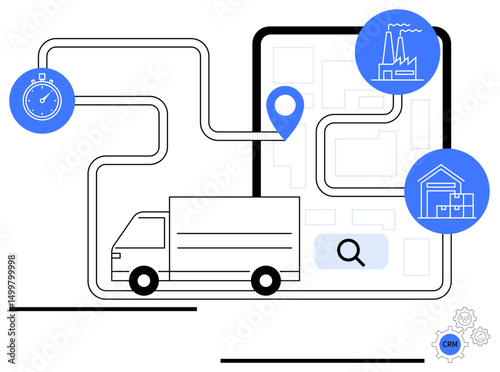 Delivery truck connecting factories, warehouses, and destinations via GPS tracking on a digital map. Ideal for logistics, route planning, supply chain, warehouse management, CRM, on-time delivery