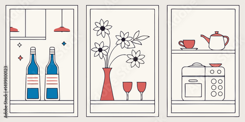 Minimalist wall art set featuring bottles flowers and kitchen appliances in geometric style