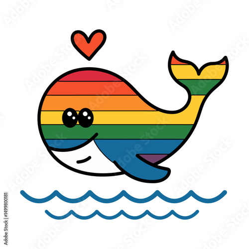 Cute rainbow whale illustration with heart and ocean waves
