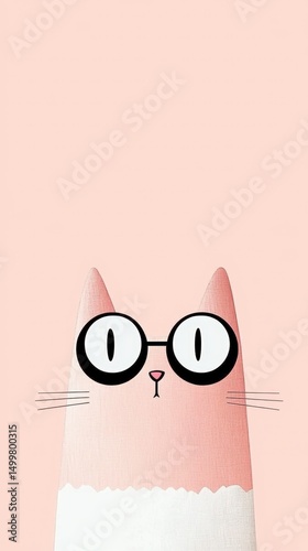 Cute cartoon cat wearing glasses on a pastel pink background in a playful design