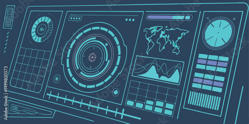 Futuristic technology interface with world map graphs and data visualization display