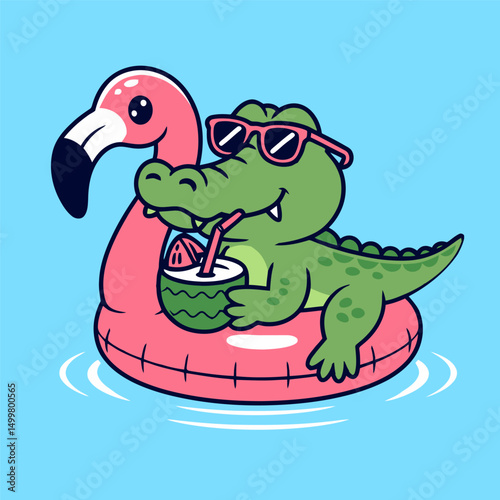 Cute Alligator Relaxing on Flamingo Float with Coconut Drink