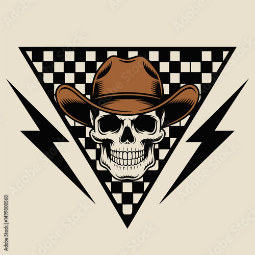 Cowboy Skull with Checkered Triangle and Lightning Bolts