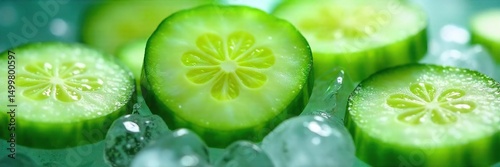 Close-up of vibrant green cucumber slices, glistening with condensation, resting on a bed of ice  Perfect for refreshing summer drinks and healthy recipes ,  farm,  macro