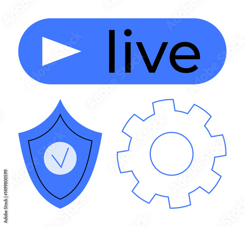 Live button with play icon, shield with checkmark, and gear representing live streaming, security, and settings. Ideal for technology, media, streaming, security user interface software simple